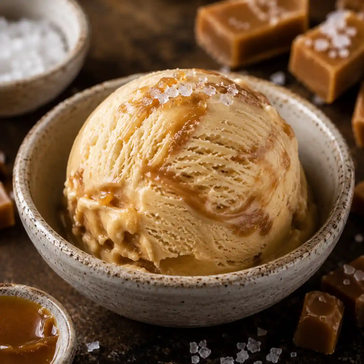 Salted Butter Caramel ice cream scoop, close-up macro shot